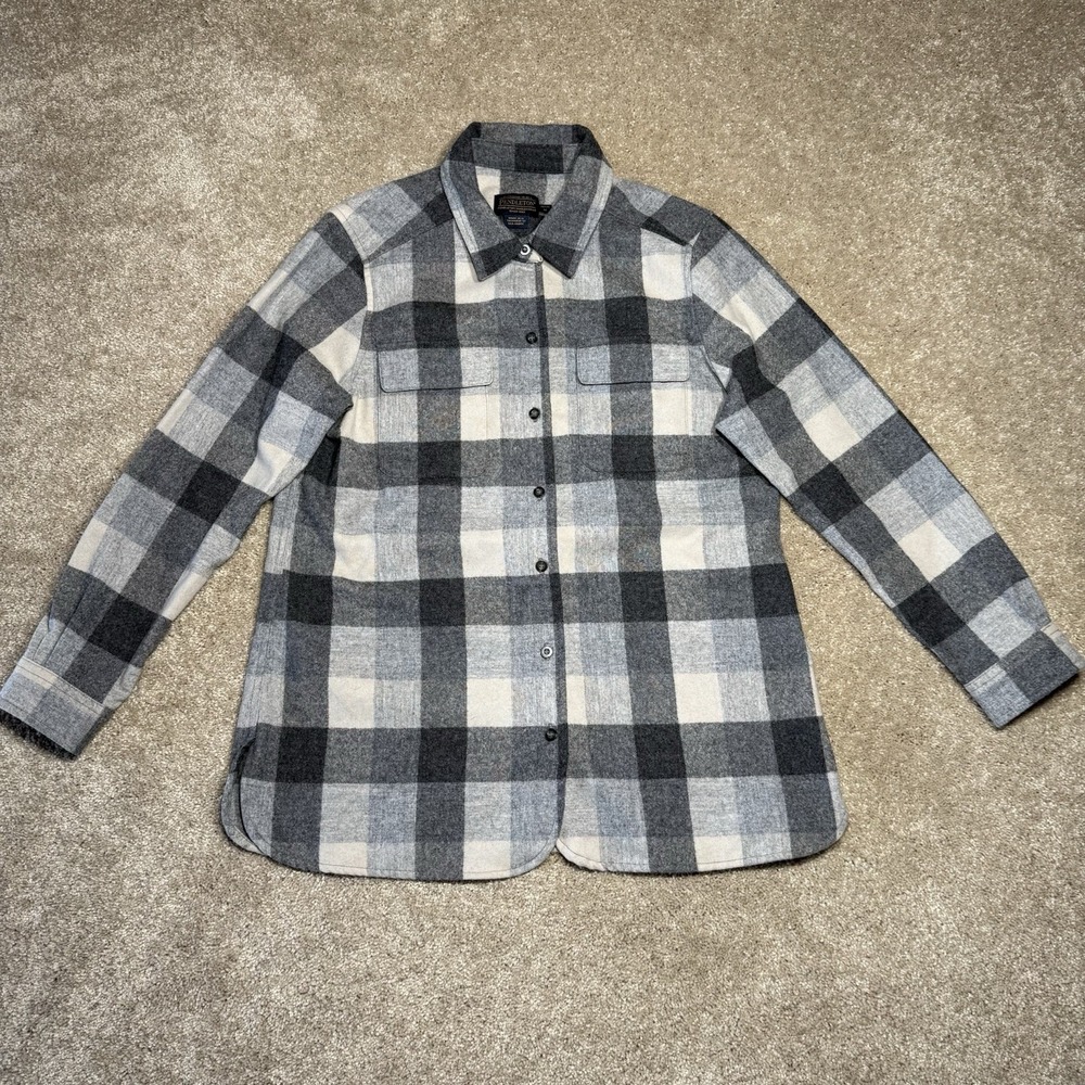 Pendleton Gray/black Plaid Wool Button Up Flannel Size Medium (petite)